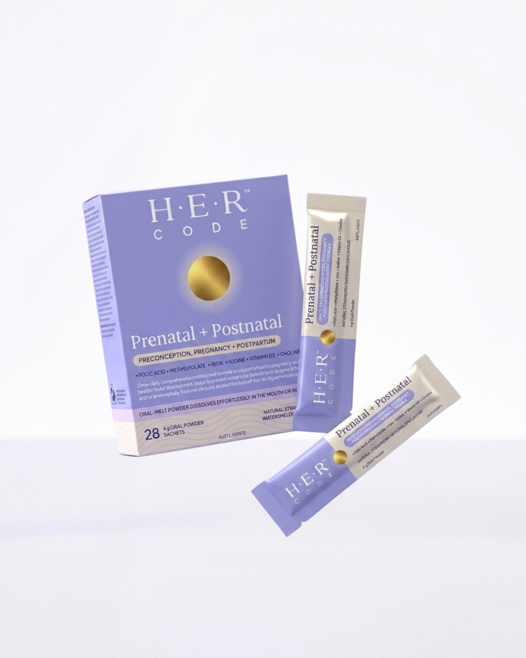 H-E-R Code Prenatal + Postnatal supplement packaging, showing a lavender and white box with two single-use sachets on a clean white background.